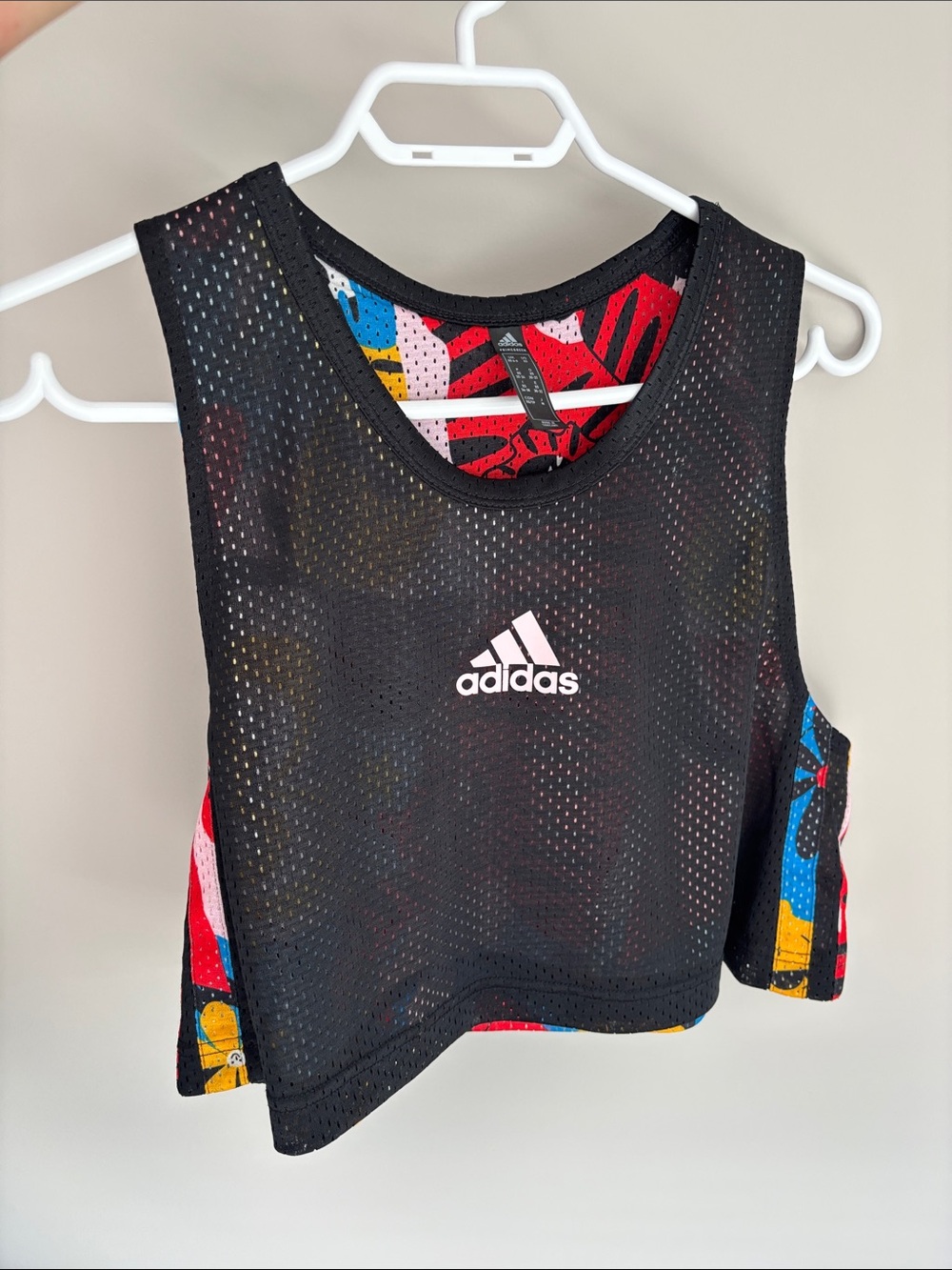 adidas Black Mesh Cropped Tank Top with Colorblock Print
